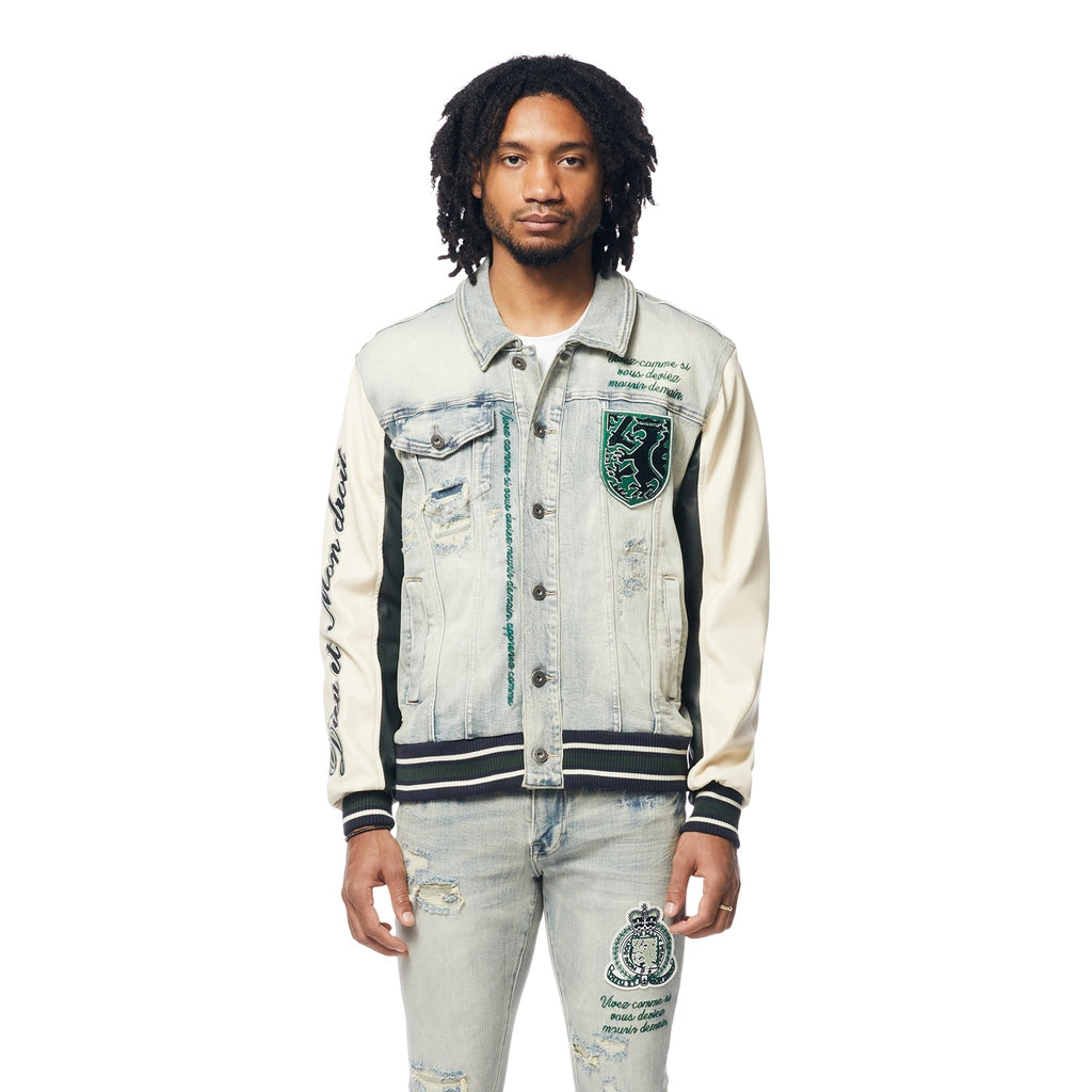 Smoke Rise Preppy Crest Embroidered Jean Jacket - Cascade Blue