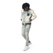 Smoke Rise Preppy Crest Embroidered Slim Tapered Denim Jeans - Cascade Blue