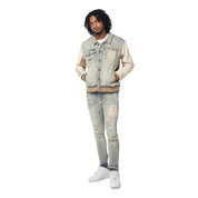 Smoke Rise Preppy Crest Embroidered Slim Tapered Denim Jeans - Industrial Blue