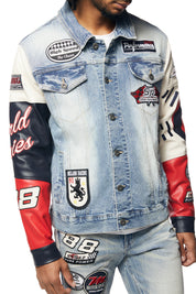 Embroidered Patched Racing Denim Jacket - Beacon Blue