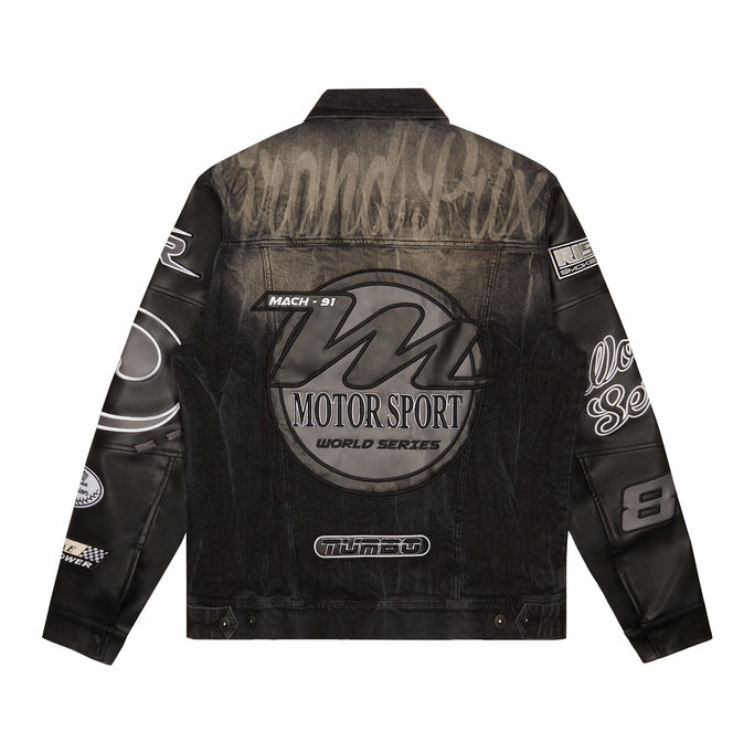 Smoke Rise Embroidered Patched Racing Jean Jacket - Moon Black