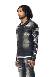 Embroidered Patched Racing Denim Jacket - Moon Black