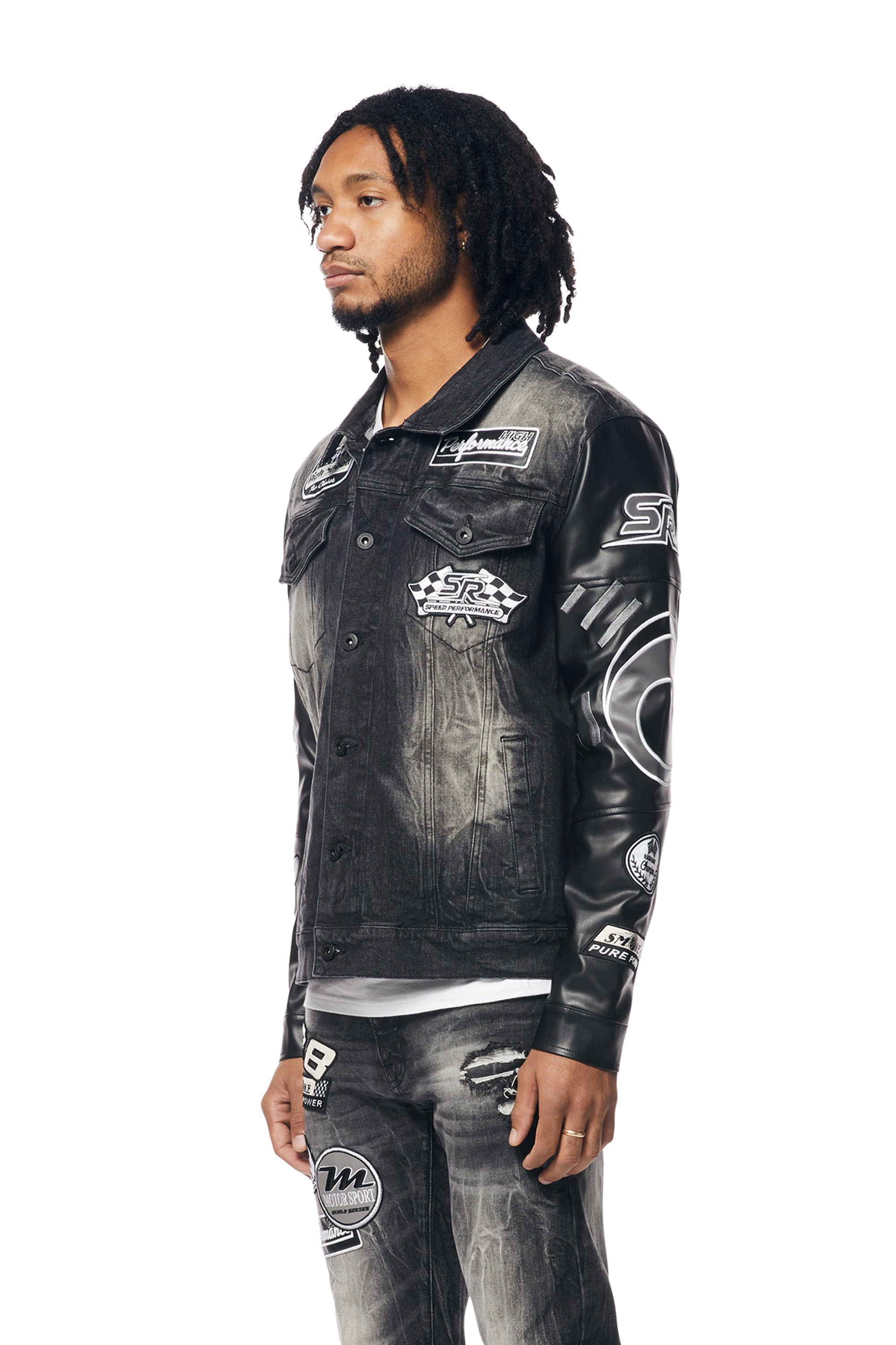 Embroidered Patched Racing Jean Jacket - Moon Black