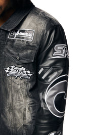 Embroidered Patched Racing Jean Jacket - Moon Black