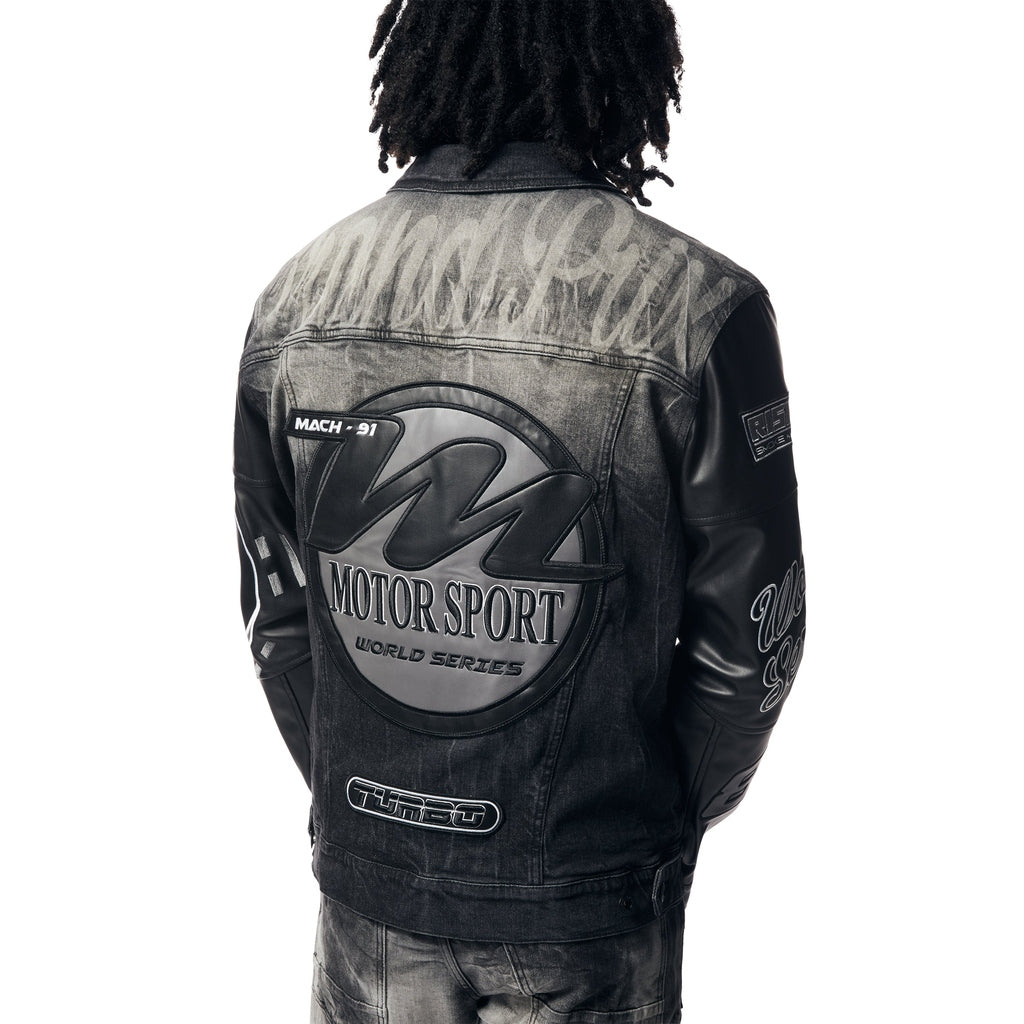 Smoke Rise Embroidered Patched Racing Jean Jacket - Moon Black