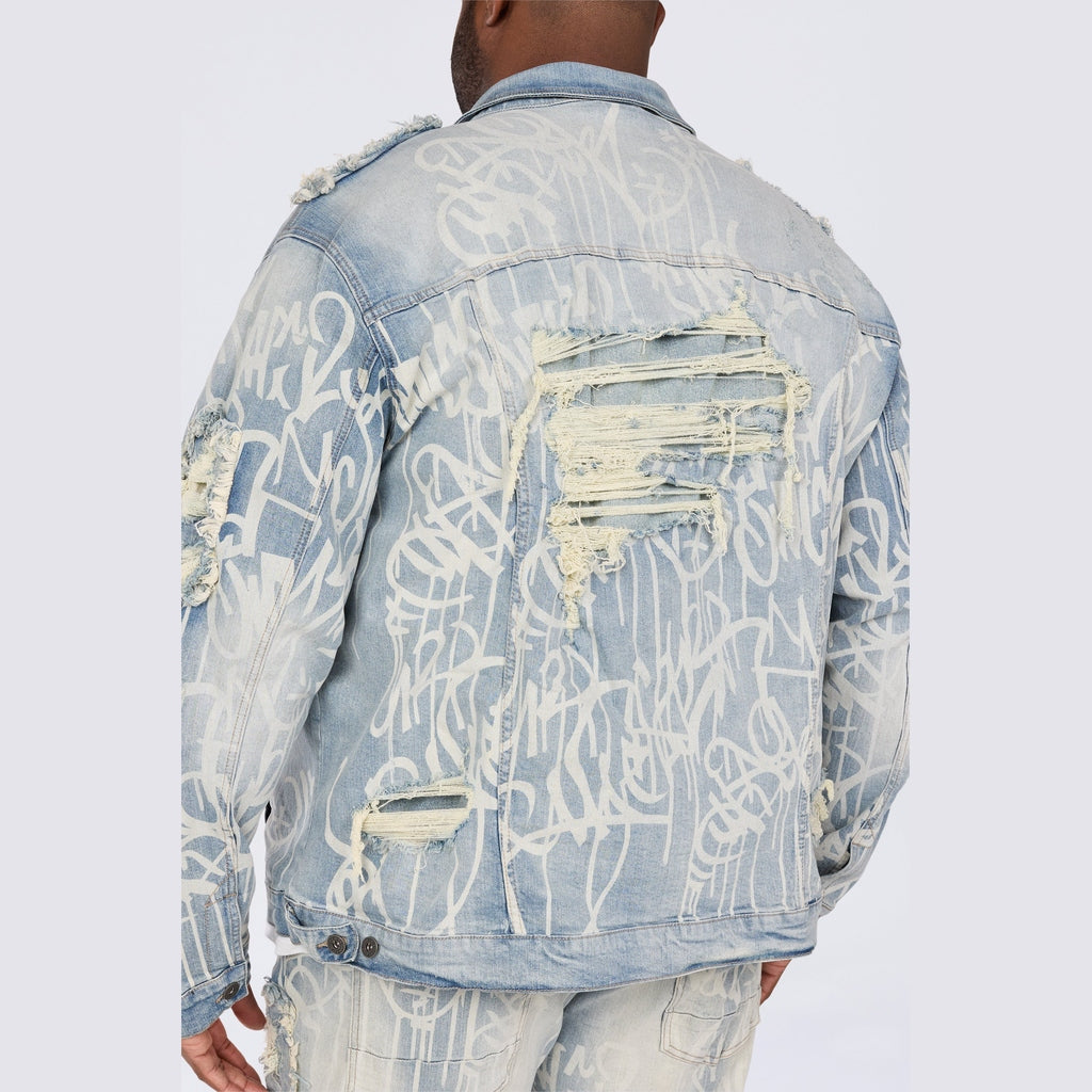 Smoke Rise Big and Tall Big and Tall - Heavy Rip & Repair Doodle Jean Jacket - Nassau Blue