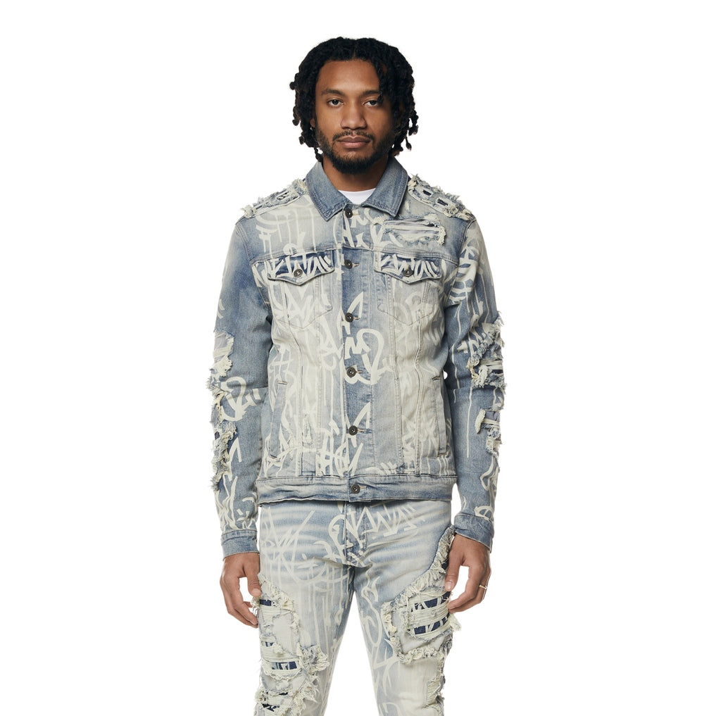 Smoke Rise Heavy Rip &amp; Repair Doodle Jean Jacket - Nassau Blue