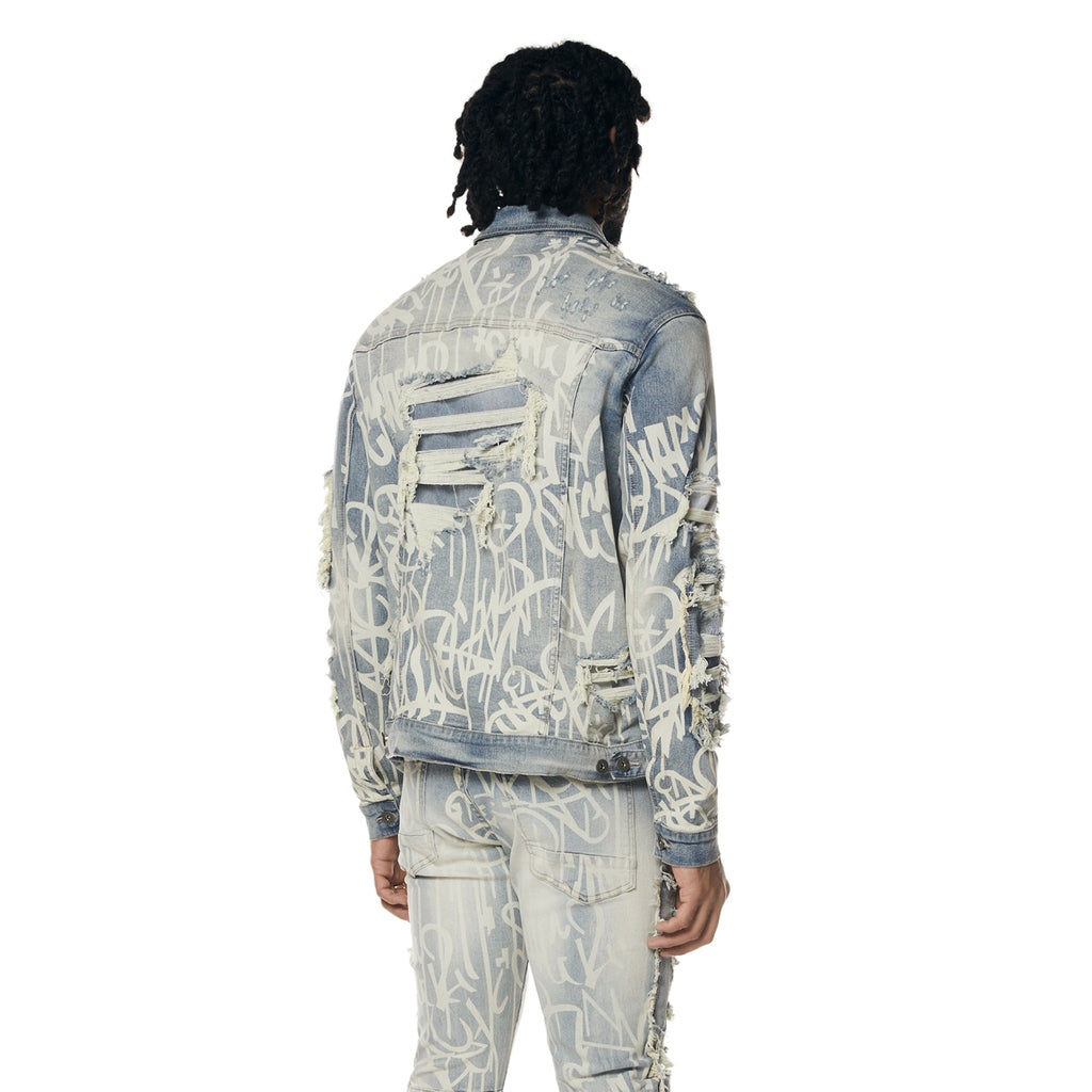 Smoke Rise Heavy Rip & Repair Doodle Jean Jacket - Nassau Blue