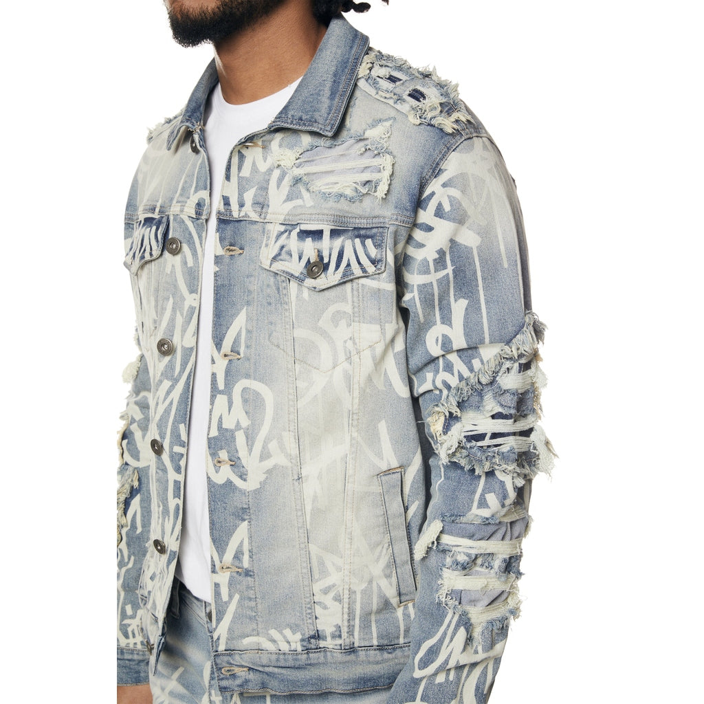 Smoke Rise Heavy Rip & Repair Doodle Jean Jacket - Nassau Blue