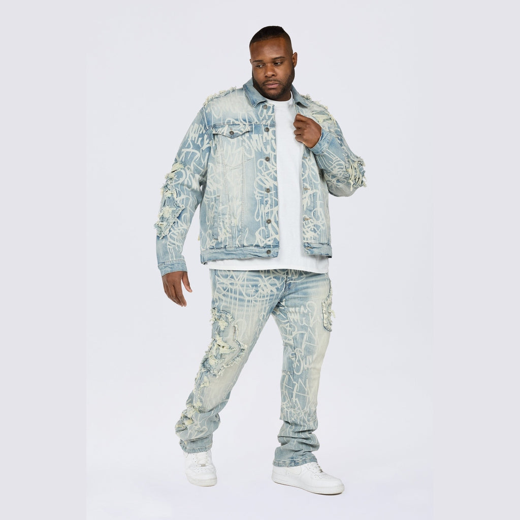 Smoke Rise Big and Tall Big and Tall - Heavy Rip & Repair Doodle Stacked Denim Jeans - Nassau Blue
