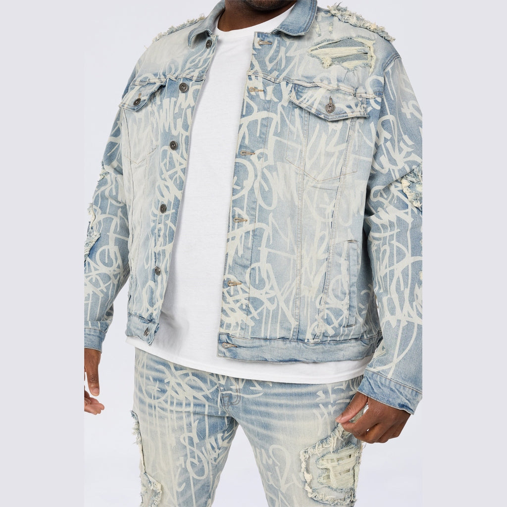 Smoke Rise Big and Tall Big and Tall - Heavy Rip & Repair Doodle Jean Jacket - Nassau Blue
