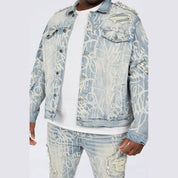 Smoke Rise Big and Tall Big and Tall - Heavy Rip & Repair Doodle Jean Jacket - Nassau Blue