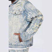 Smoke Rise Big and Tall Big and Tall - Heavy Rip & Repair Doodle Jean Jacket - Nassau Blue