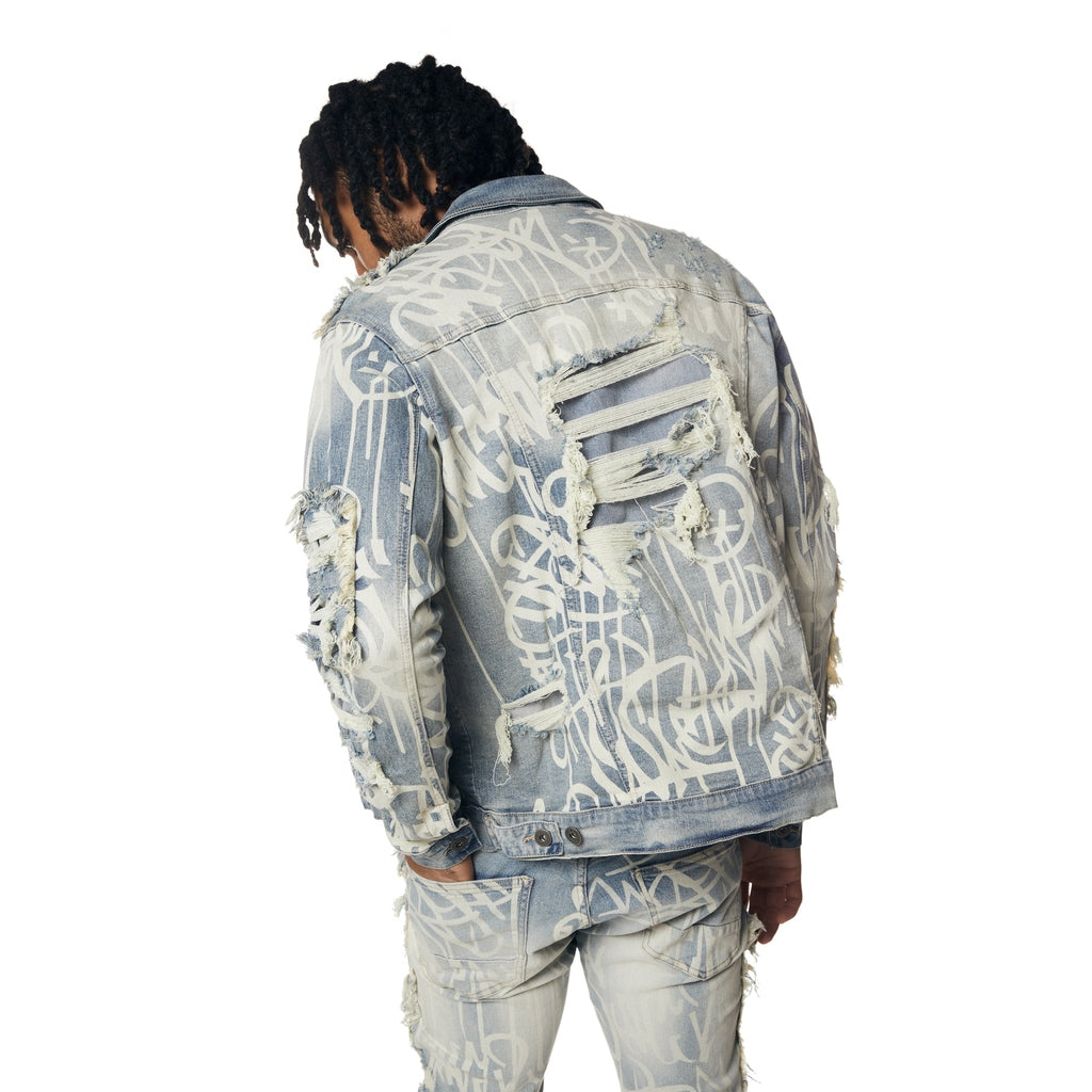 Smoke Rise Heavy Rip & Repair Doodle Jean Jacket - Nassau Blue