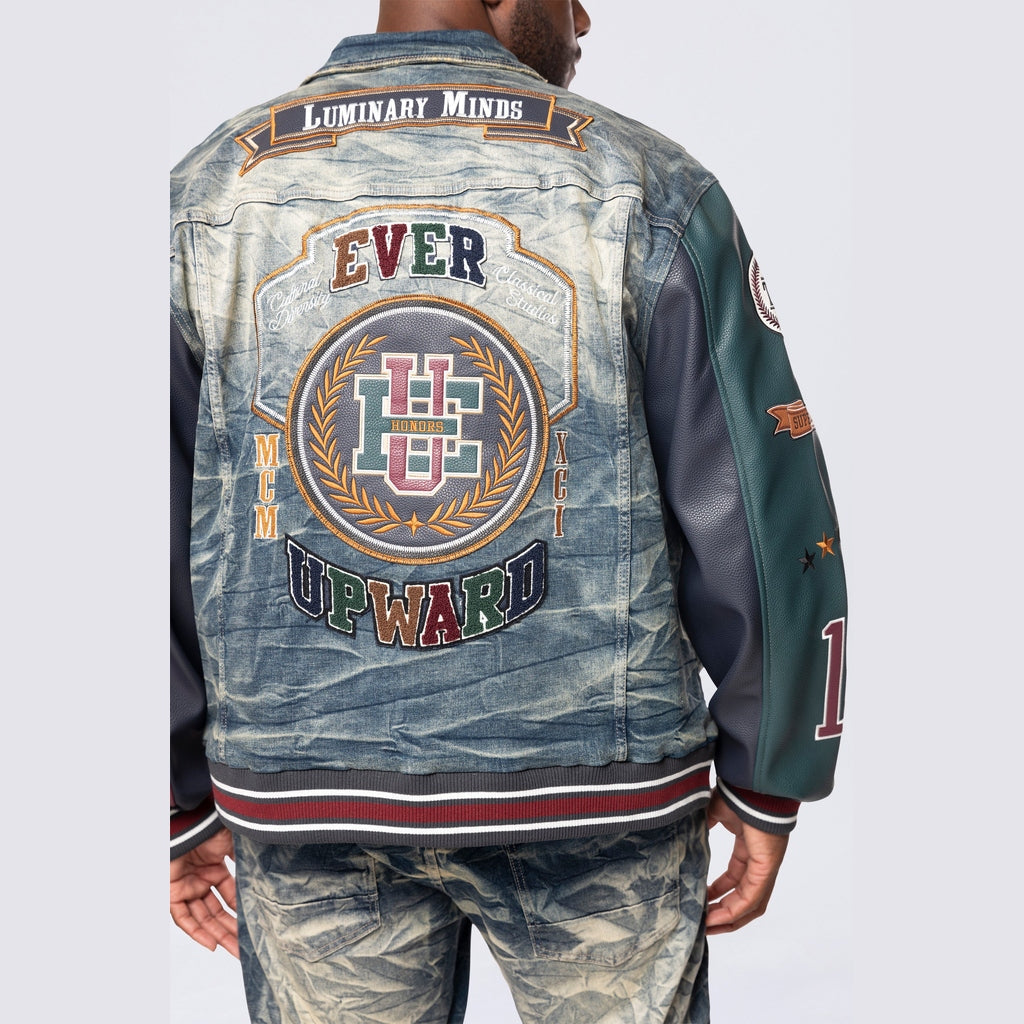 Smoke Rise Big and Tall Big and Tall - Vegan Leather Sleeve Varsity Denim Jacket - Alley Blue