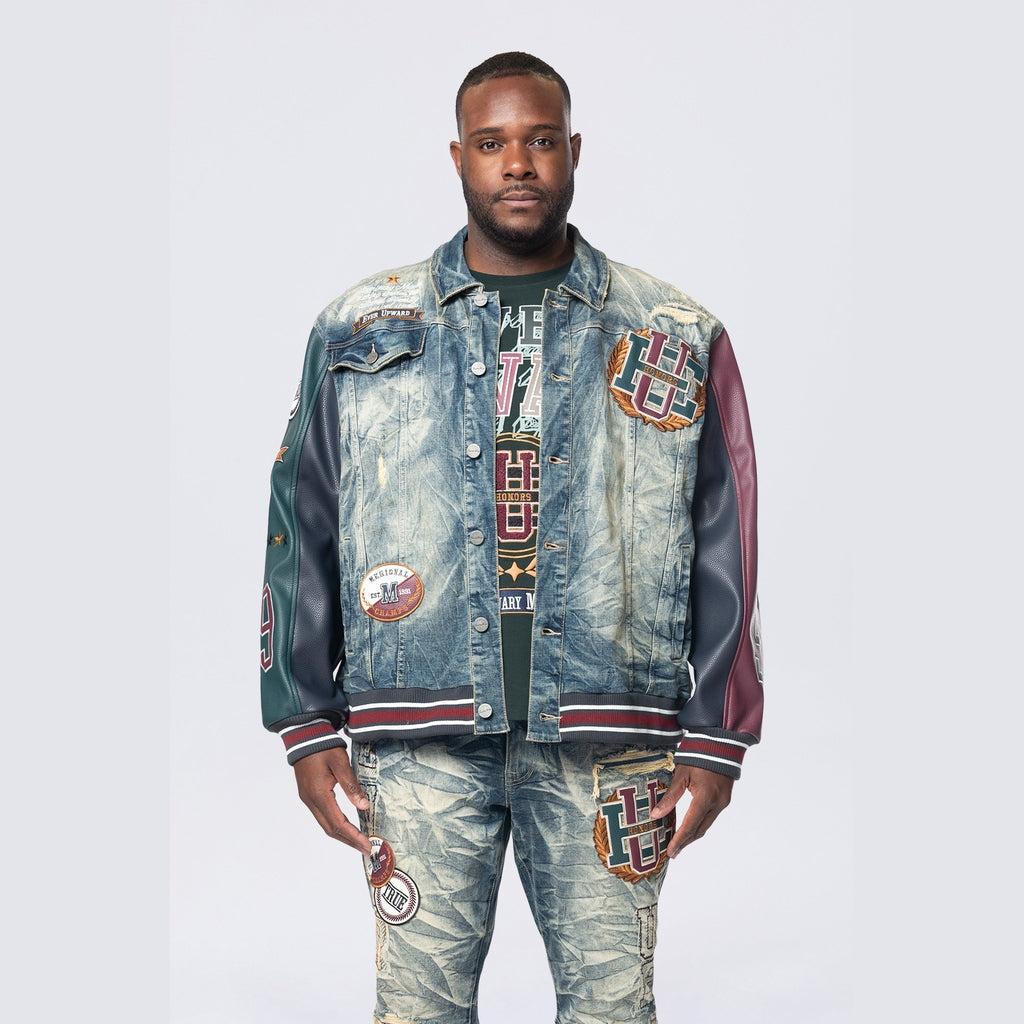 Smoke Rise Big and Tall Big and Tall - Vegan Leather Sleeve Varsity Denim Jacket - Alley Blue