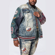 Smoke Rise Big and Tall Big and Tall - Vegan Leather Sleeve Varsity Denim Jacket - Alley Blue