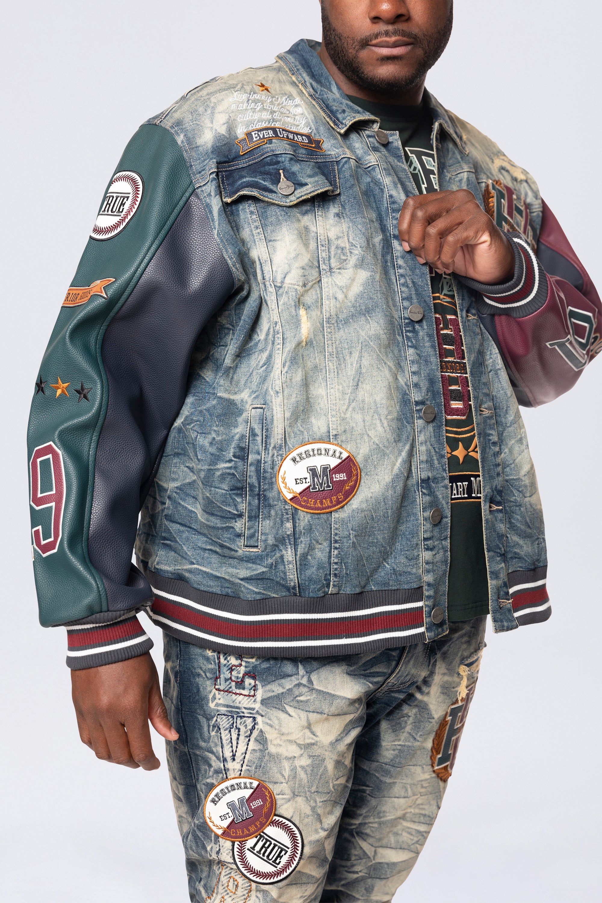 Big and Tall - Vegan Leather Sleeve Varsity Denim Jacket - Alley Blue