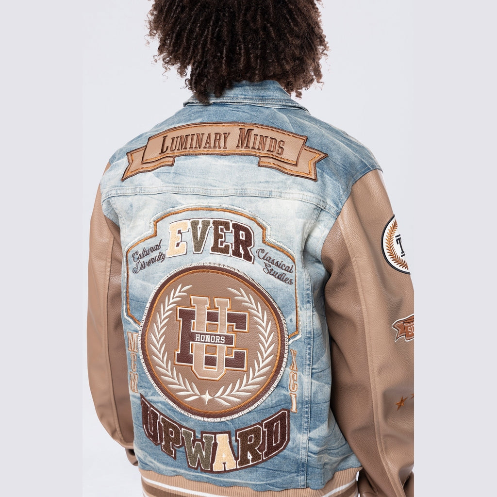 Smoke Rise Vegan Leather Sleeve Varsity Denim Jacket - Clyde Blue