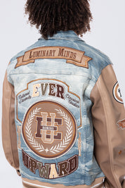 Vegan Leather Sleeve Varsity Denim Jacket - Clyde Blue