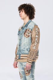 Vegan Leather Sleeve Varsity Denim Jacket - Clyde Blue