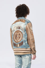 Vegan Leather Sleeve Varsity Denim Jacket - Clyde Blue