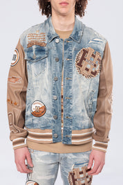 Vegan Leather Sleeve Varsity Denim Jacket - Clyde Blue