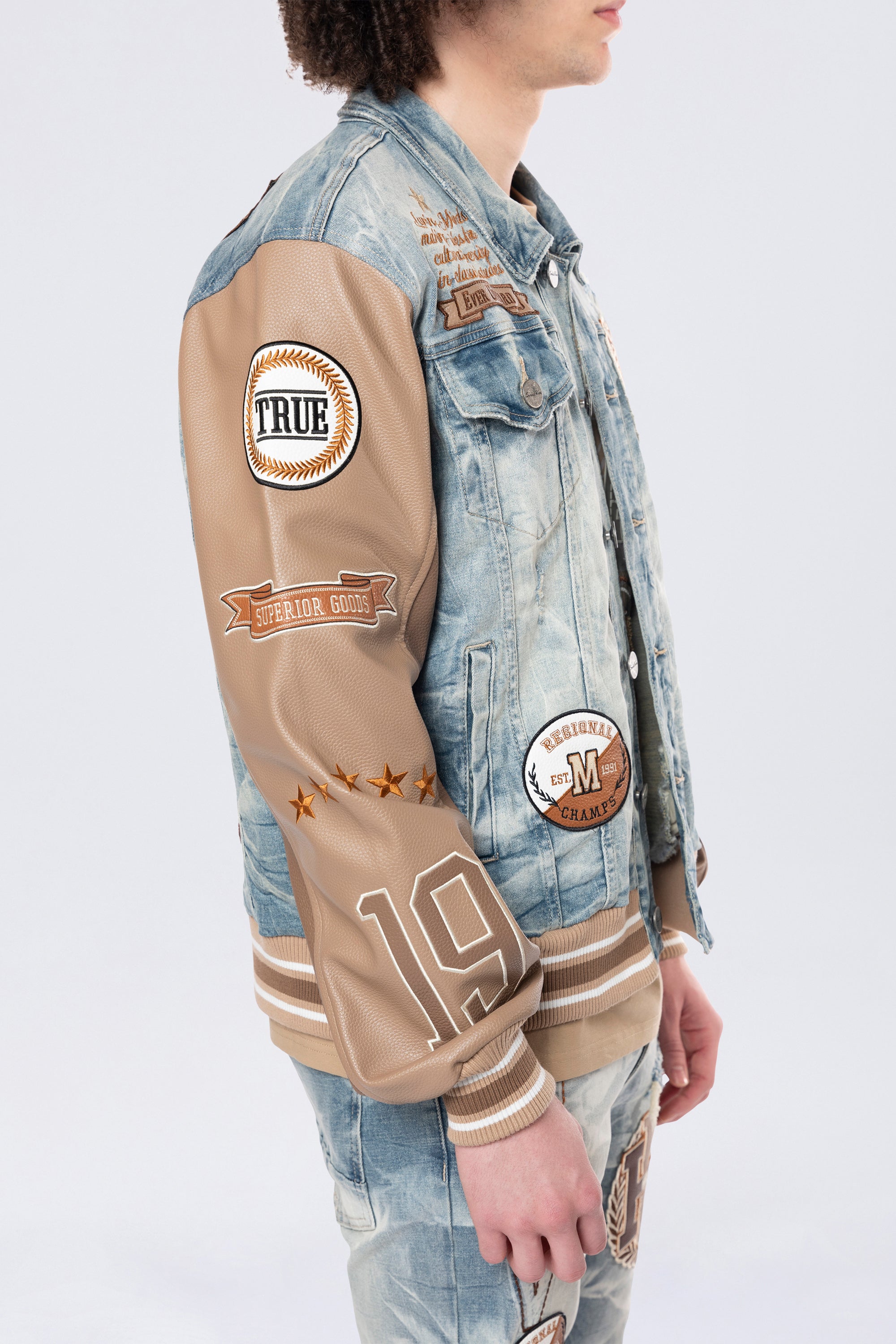 Vegan Leather Sleeve Varsity Denim Jacket - Clyde Blue