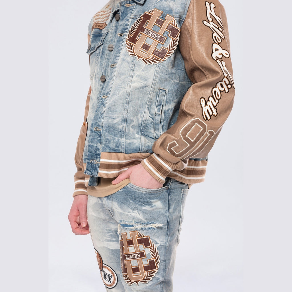 Smoke Rise Vegan Leather Sleeve Varsity Denim Jacket - Clyde Blue