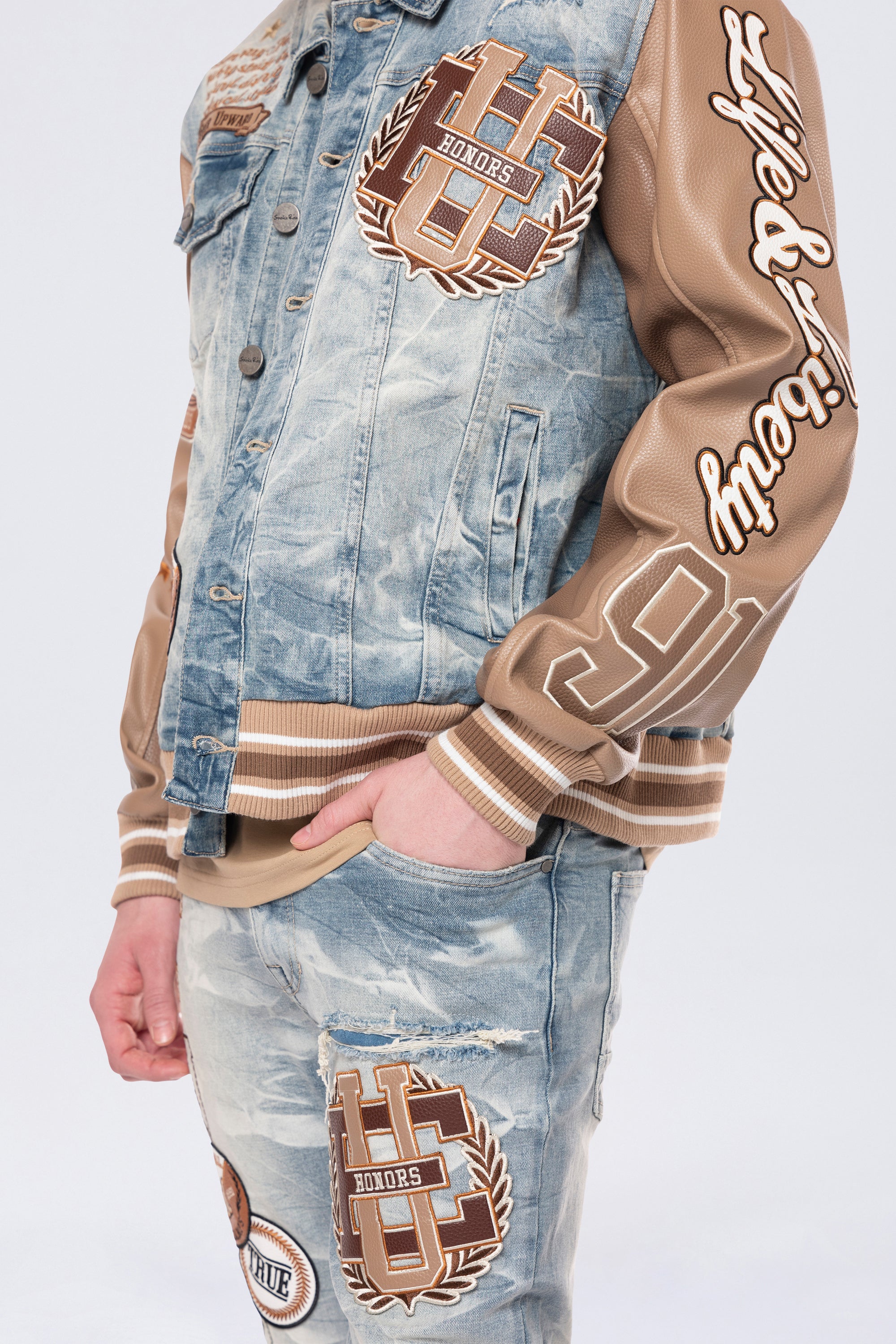 Vegan Leather Sleeve Varsity Denim Jacket - Clyde Blue