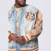 Smoke Rise Big and Tall Big and Tall - Vegan Leather Sleeve Varsity Denim Jacket - Clyde Blue