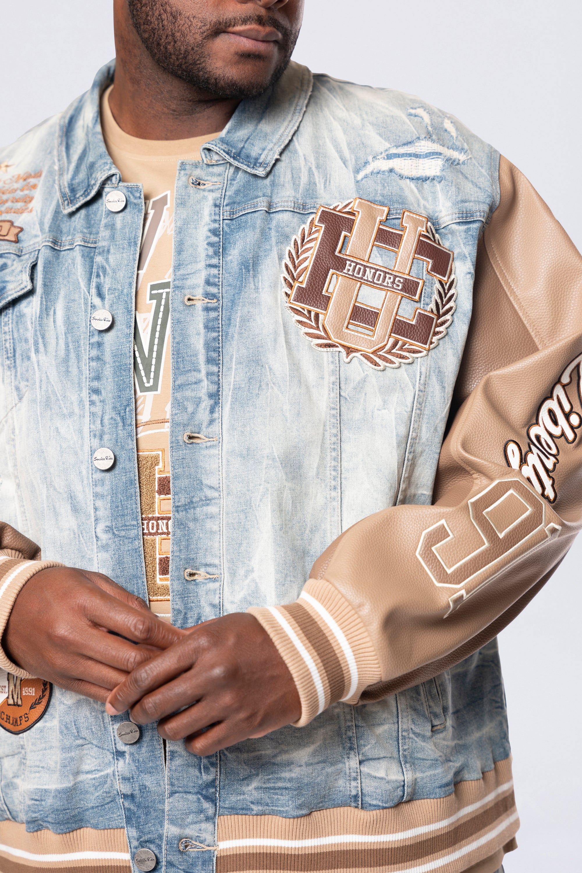 Big and Tall - Vegan Leather Sleeve Varsity Denim Jacket - Clyde Blue