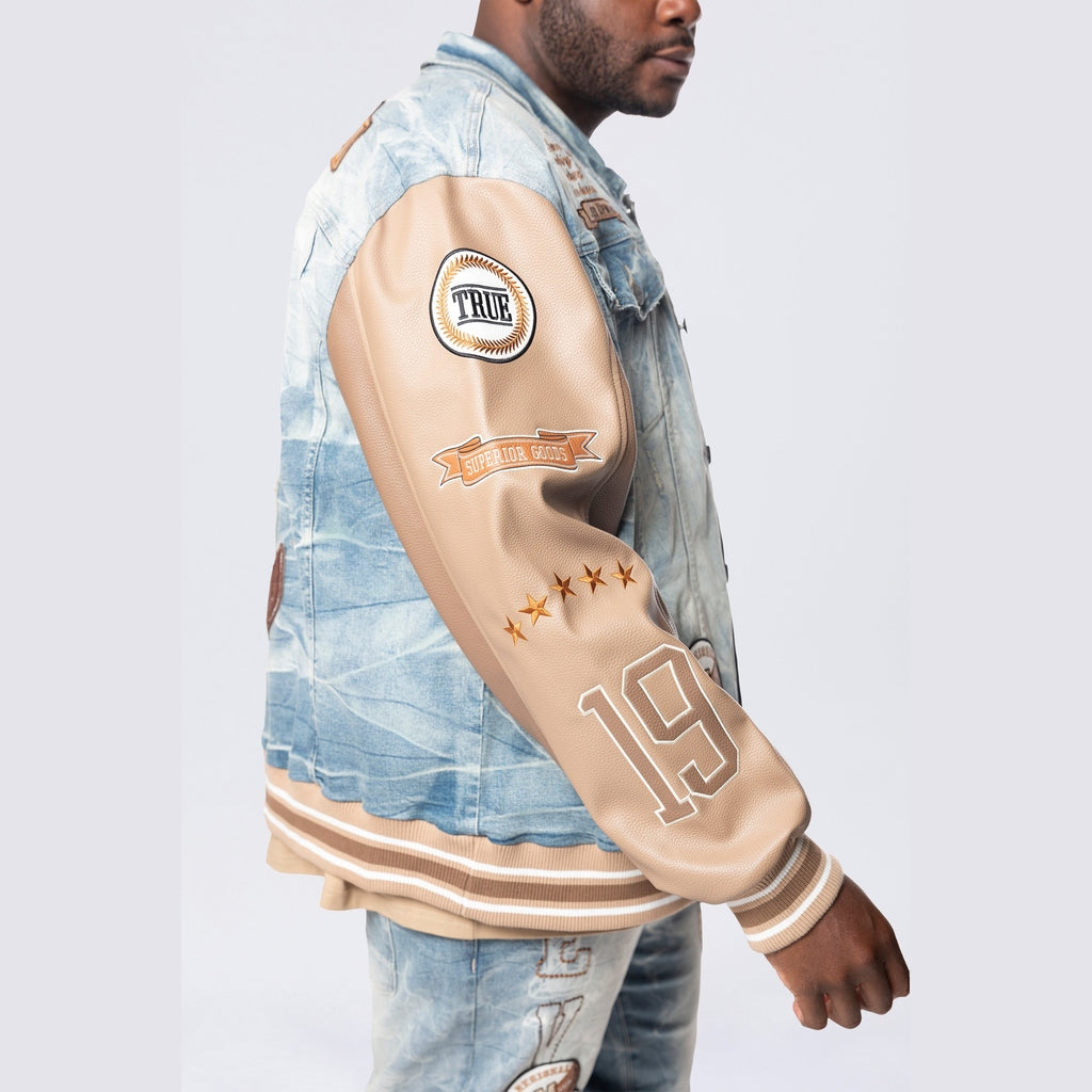 Smoke Rise Big and Tall Big and Tall - Vegan Leather Sleeve Varsity Denim Jacket - Clyde Blue