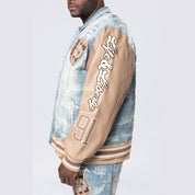 Smoke Rise Big and Tall Big and Tall - Vegan Leather Sleeve Varsity Denim Jacket - Clyde Blue