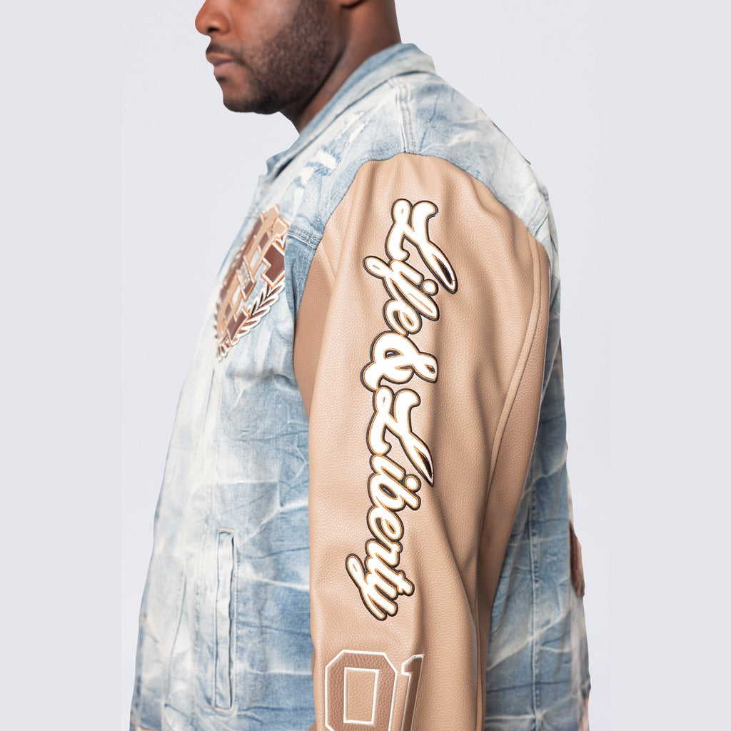 Smoke Rise Big and Tall Big and Tall - Vegan Leather Sleeve Varsity Denim Jacket - Clyde Blue