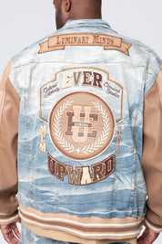 Big and Tall - Vegan Leather Sleeve Varsity Denim Jacket - Clyde Blue