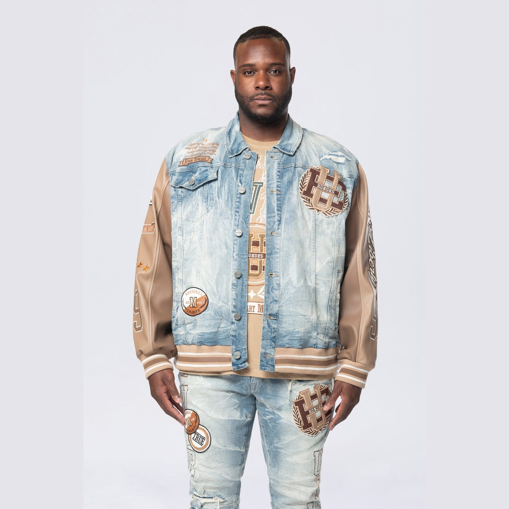 Smoke Rise Big and Tall Big and Tall - Vegan Leather Sleeve Varsity Denim Jacket - Clyde Blue