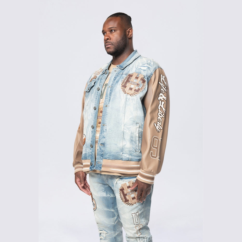 Smoke Rise Big and Tall Big and Tall - Vegan Leather Sleeve Varsity Denim Jacket - Clyde Blue