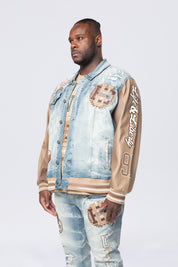 Big and Tall - Vegan Leather Sleeve Varsity Denim Jacket - Clyde Blue