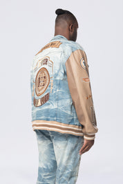 Big and Tall - Vegan Leather Sleeve Varsity Denim Jacket - Clyde Blue