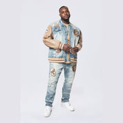 Smoke Rise Big and Tall Big and Tall - Vegan Leather Sleeve Varsity Denim Jacket - Clyde Blue