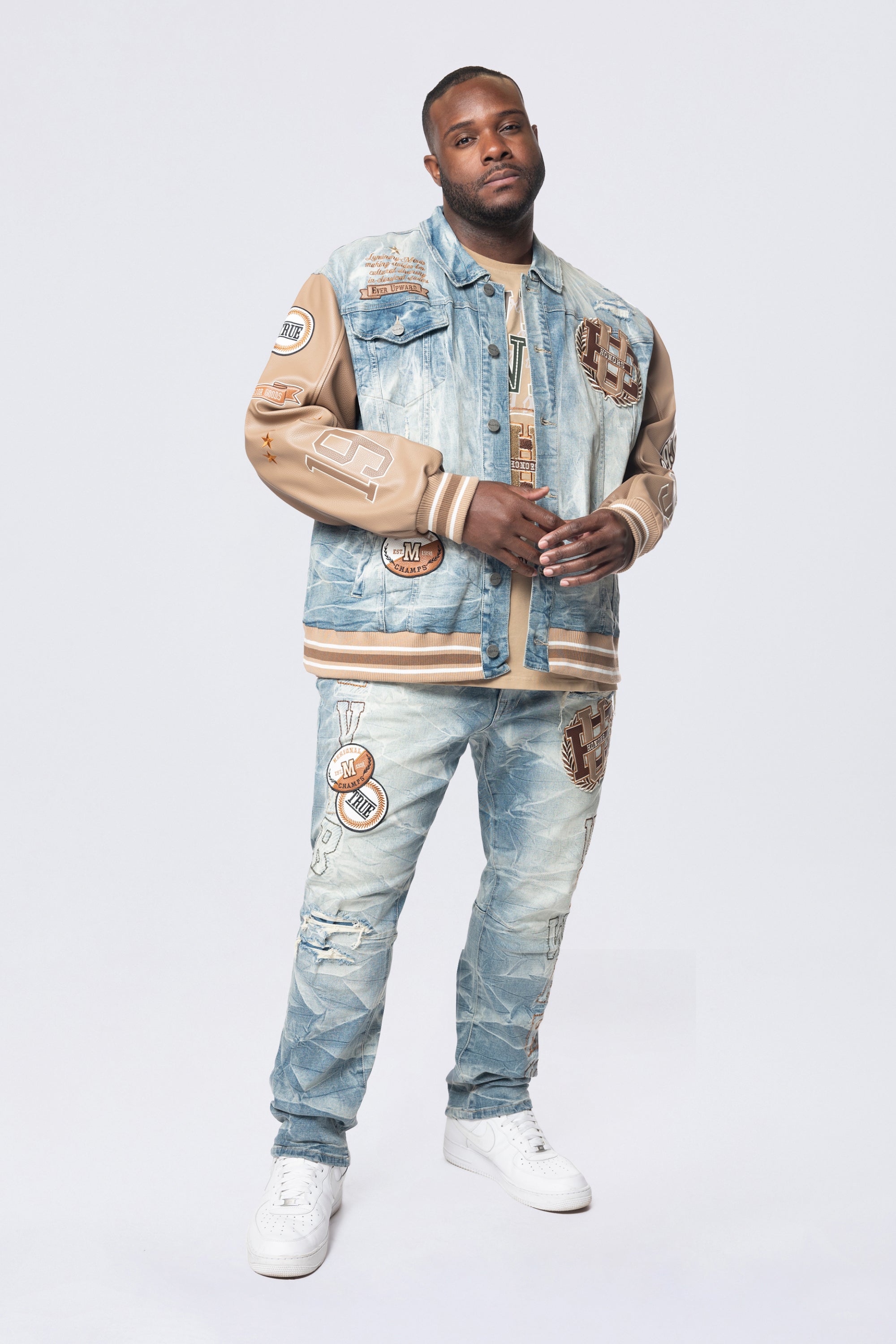 Big and Tall - Vegan Leather Sleeve Varsity Denim Jacket - Clyde Blue