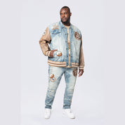 Smoke Rise Big and Tall Big and Tall - Vegan Leather Sleeve Varsity Denim Jacket - Clyde Blue