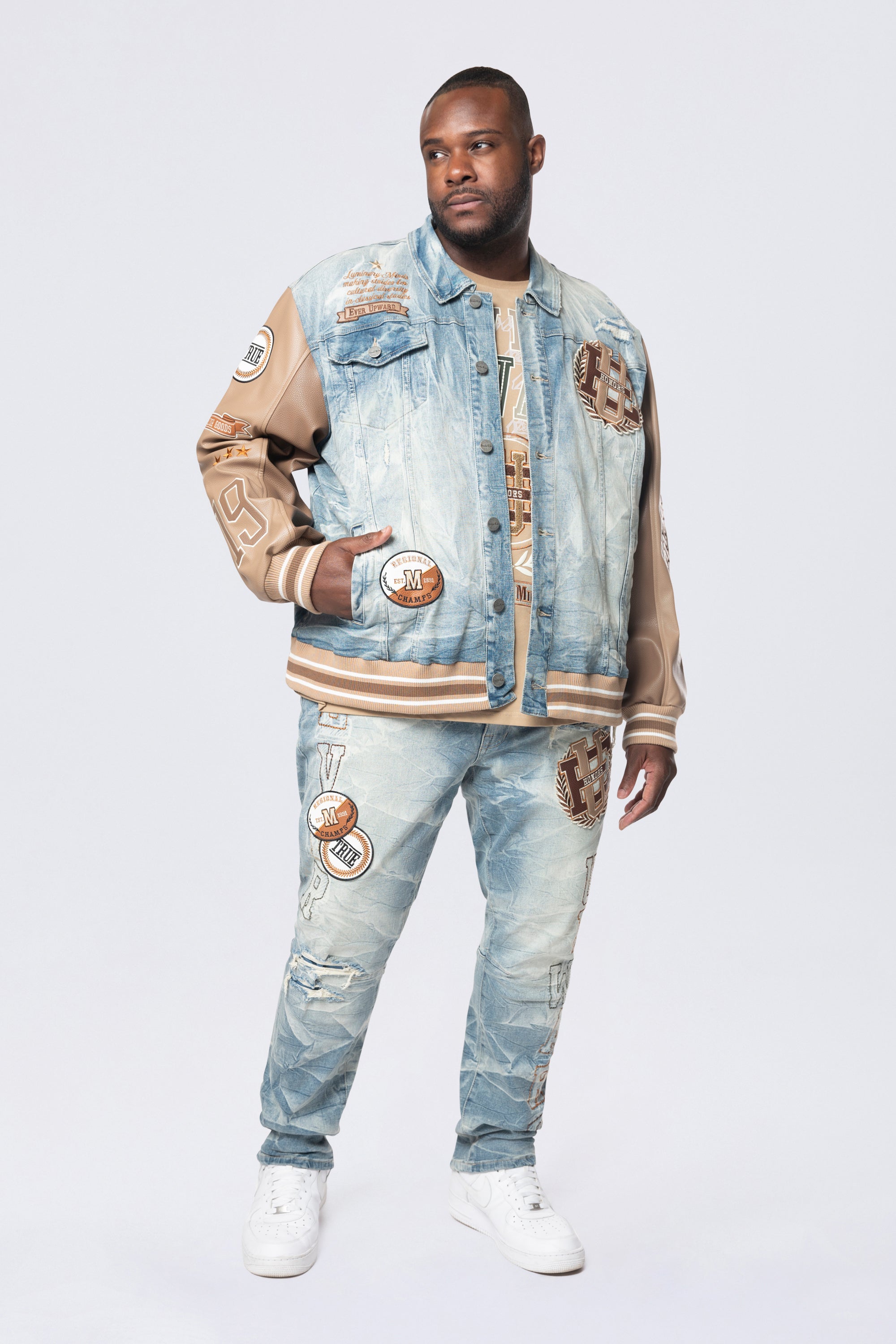 Big and Tall - Vegan Leather Sleeve Varsity Denim Jacket - Clyde Blue