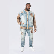 Smoke Rise Big and Tall Big and Tall - Vegan Leather Sleeve Varsity Denim Jacket - Clyde Blue