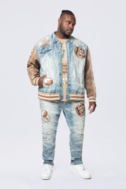 Big and Tall - Vegan Leather Sleeve Varsity Denim Jacket - Clyde Blue