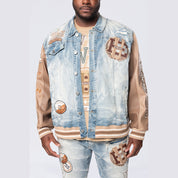 Smoke Rise Big and Tall Big and Tall - Vegan Leather Sleeve Varsity Denim Jacket - Clyde Blue