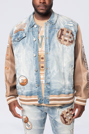 Big and Tall - Vegan Leather Sleeve Varsity Denim Jacket - Clyde Blue