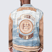 Big and Tall - Vegan Leather Sleeve Varsity Denim Jacket - Clyde Blue