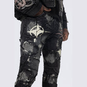 Smoke Rise Baggy Stacked Flared Patchwork Denim Jeans - Nickel Black